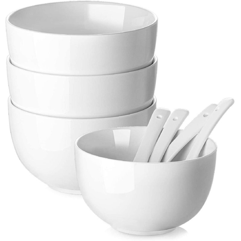 lameishuju White Soup Bowls, Deep Soup Bowls And Spoons Set, 30 Ounce